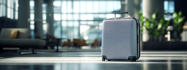  carry-on bag sitting in a modern airport lounge, with a clean background for text promoting hassle-free travel and quick getaways.