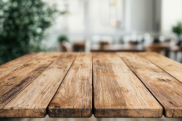 Poster - Empty wooden table top showing blurred restaurant background