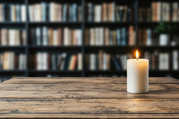 Poster - Burning candle illuminating empty table in library setting