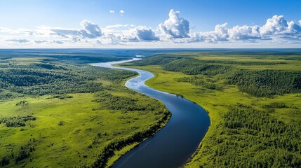 A vast landscape of the Siberian tundra under a clear blue sky, representing the wild beauty of Russia's natural environments