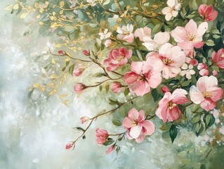 Aufkleber - Oil Painting of Pink Flowers and Green Leaves with Gold Accents