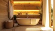 © Riz - Modern bathroom with bathtub, wooden walls, and natural elements