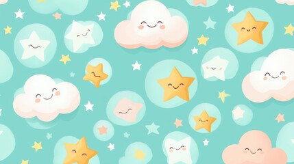 Soft cloud and star motifs with smiling faces designed in a repeating pattern with gentle pastel hues