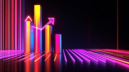 Leinwandbilder - A dynamic 3D bar chart in bright neon colors, showing a positive data trend, with arrows and percentages, placed on a black background for a high-tech look.