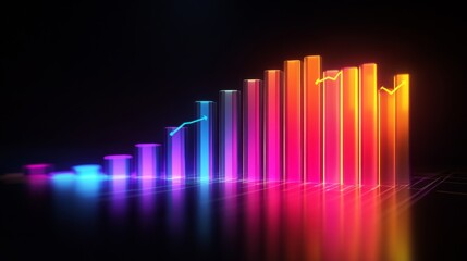 Leinwandbilder - A dynamic 3D bar chart in bright neon colors, showing a positive data trend, with arrows and percentages, placed on a black background for a high-tech look.