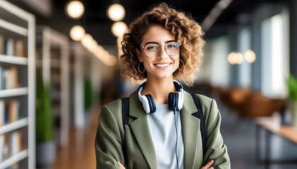 Wall Mural - Joyful college student in stylish attire enjoying the campus library, smiling and lost in thought, embracing the pursuit of knowledge and research studies