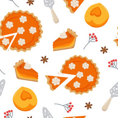 Pumpkin pie background. Pumpkin slice, whole pie, piece of pumkin. Seamless pattern for paper, packaging, fabric, wallpaper.