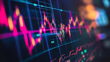 Poster - A dynamic financial stock graph displayed on a digital screen, showcasing rising and falling trends with colorful lines and bars, emphasizing market fluctuations and analysis.