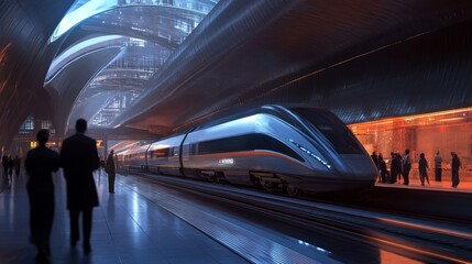 Fototapete - A dynamic action shot of a high-speed train arriving at a modern station, with passengers eagerly awaiting and the train's streamlined shape cutting through the air.