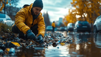 A volunteer group cleaning up litter in natural or urban environments