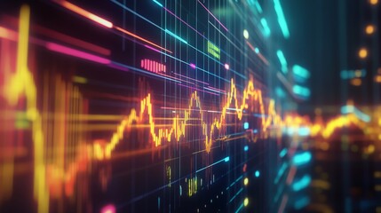 Poster - A dynamic financial stock graph displayed on a digital screen, showcasing rising and falling trends with colorful lines and bars, emphasizing market fluctuations and analysis.