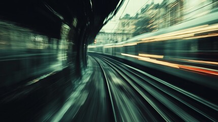 Poster - A dynamic scene of a train speeding along the tracks, with motion blur effects emphasizing speed, capturing the excitement of rail travel and transportation.
