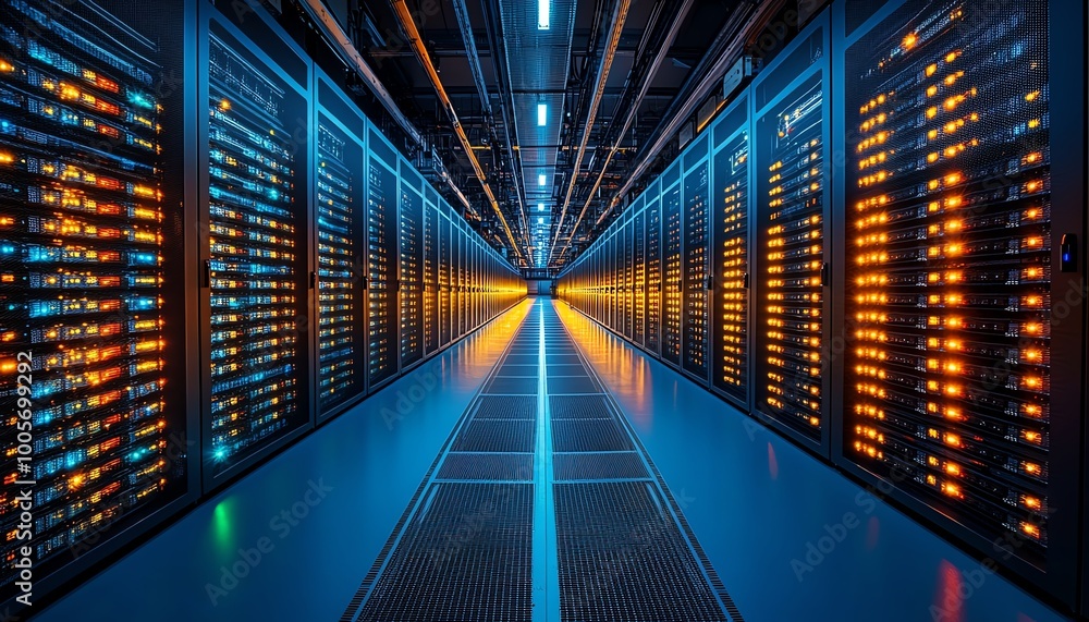 Data centers filled with rows and rows of servers as blinking light ...