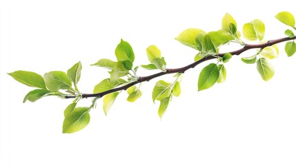 Wall Mural - Fresh Green Leaves on Branch Isolated on White Background