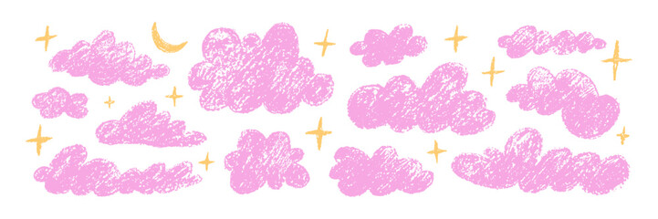 Fototapete - Crayon textured fluffy clouds and stars set. Kids scribble, baby drawing, painting by chalk, wax pencil sketch in doodle childish style. Hand-drawn vector illustration isolated on white background