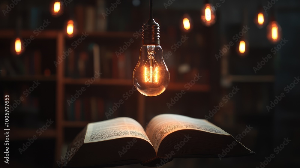 Glowing lightbulb with a gentle flicker floating above an open book ...