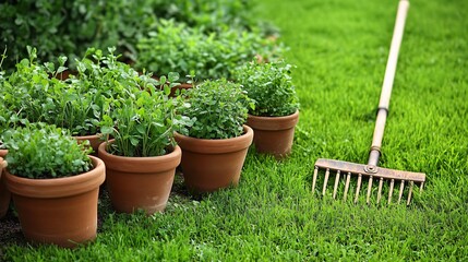 A row of potted plants with fresh green leaves in a lush green garden.