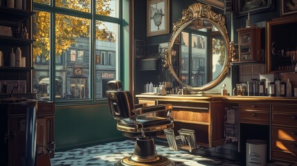 Charming vintage barber shop with a stylish chair and ornate mirror, clear windows letting in natural light, modern AI elements mixed in