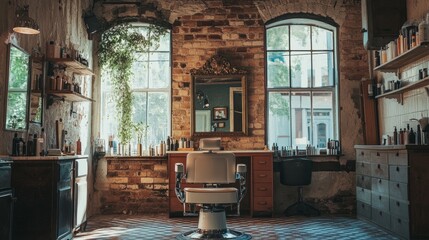 Charming vintage barber shop with a stylish chair and ornate mirror, clear windows letting in natural light, modern AI elements mixed in