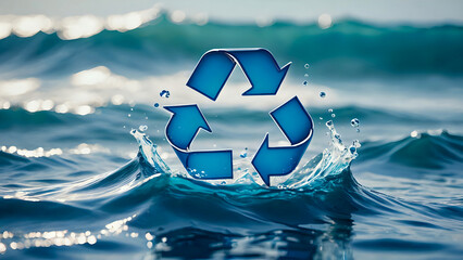 Blue recycling symbol above ocean surface