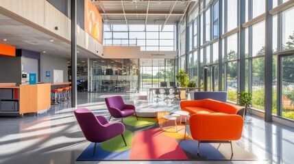 Open space office building with a colorful, modern relaxation area, bright light, and clear windows creating a vibrant atmosphere