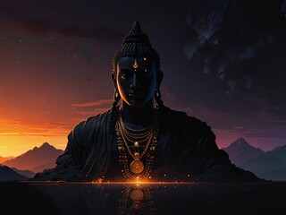 Buddha at Sunset with a Starry Sky