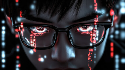 young man with glasses programming on computer screen, lines of code, science, programmer, scientist, future, boy, guy, artificial intelligence, hologram, developer, digital device, display