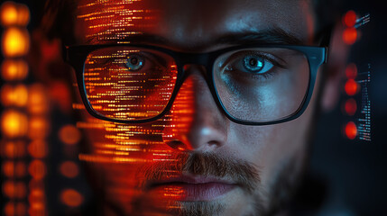 young man with glasses programming on computer screen, lines of code, science, programmer, scientist, future, boy, guy, artificial intelligence, hologram, developer, digital device, display