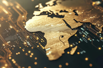 Wall Mural - A gold colored computer chip with a map of the world on it. The map is lit up with a bright glow, giving the image a futuristic and technological feel