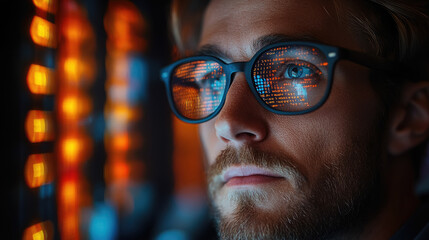 young man with glasses programming on computer screen, lines of code, science, programmer, scientist, future, boy, guy, artificial intelligence, hologram, developer, digital device, display