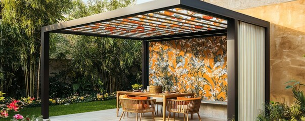 Wall Mural - almond frame, floral ochre and ivory vertical louvers modern pergola with a bamboo dining set in a v