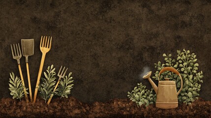 Wall Mural - A watercolor illustration of gardening tools and plants in a brown background.