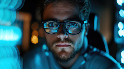 young man with glasses programming on computer screen, lines of code, science, programmer, scientist, future, boy, guy, artificial intelligence, hologram, developer, digital device, display