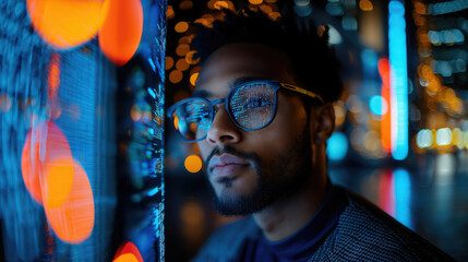 young man with glasses programming on computer screen, lines of code, science, programmer, scientist, future, boy, guy, artificial intelligence, hologram, developer, digital device, display