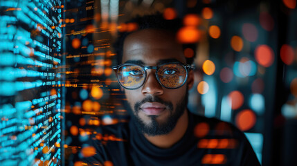 young man with glasses programming on computer screen, lines of code, science, programmer, scientist, future, boy, guy, artificial intelligence, hologram, developer, digital device, display