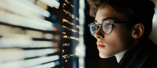 young man with glasses programming on computer screen, lines of code, science, programmer, scientist, future, boy, guy, artificial intelligence, hologram, developer, digital device, display