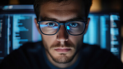 young man with glasses programming on computer screen, lines of code, science, programmer, scientist, future, boy, guy, artificial intelligence, hologram, developer, digital device, display