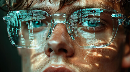 young man with glasses programming on computer screen, lines of code, science, programmer, scientist, future, boy, guy, artificial intelligence, hologram, developer, digital device, display