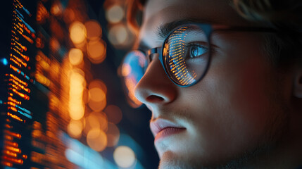 young man with glasses programming on computer screen, lines of code, science, programmer, scientist, future, boy, guy, artificial intelligence, hologram, developer, digital device, display