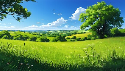 Charming rural scenery with lush green grass and azure sky.