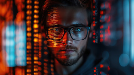 young man with glasses programming on computer screen, lines of code, science, programmer, scientist, future, boy, guy, artificial intelligence, hologram, developer, digital device, display