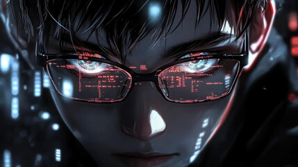young man with glasses programming on computer screen, lines of code, science, programmer, scientist, future, boy, guy, artificial intelligence, hologram, developer, digital device, display