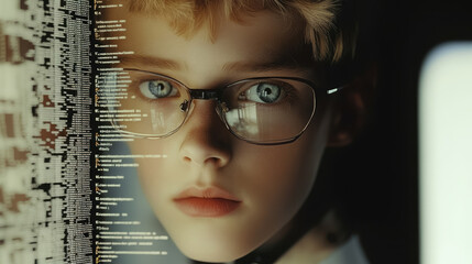 young man with glasses programming on computer screen, lines of code, science, programmer, scientist, future, boy, guy, artificial intelligence, hologram, developer, digital device, display
