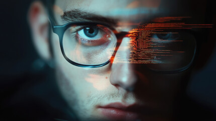 young man with glasses programming on computer screen, lines of code, science, programmer, scientist, future, boy, guy, artificial intelligence, hologram, developer, digital device, display