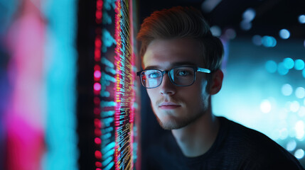young man with glasses programming on computer screen, lines of code, science, programmer, scientist, future, boy, guy, artificial intelligence, hologram, developer, digital device, display