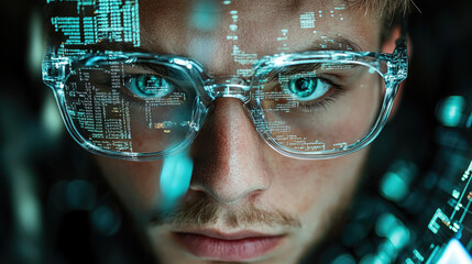 young man with glasses programming on computer screen, lines of code, science, programmer, scientist, future, boy, guy, artificial intelligence, hologram, developer, digital device, display