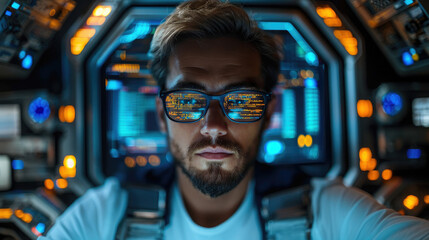 young man with glasses programming on computer screen, lines of code, science, programmer, scientist, future, boy, guy, artificial intelligence, hologram, developer, digital device, display