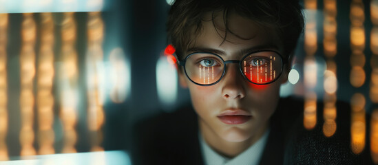 young man with glasses programming on computer screen, lines of code, science, programmer, scientist, future, boy, guy, artificial intelligence, hologram, developer, digital device, display