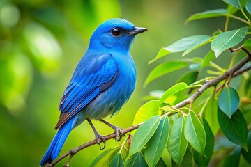 Wall Mural - A lovely blue bird sits on a branch, surrounded by vibrant green leaves, harmoniously blending into its natural