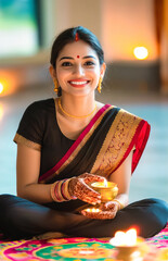 Canvas Print - young indian woman holding oil lamps on diwali festival